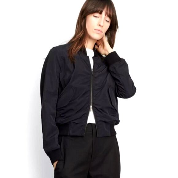 Vince Black Ruched Bomber Style Zip Jacket With Pockets Small - Picture 1 of 13